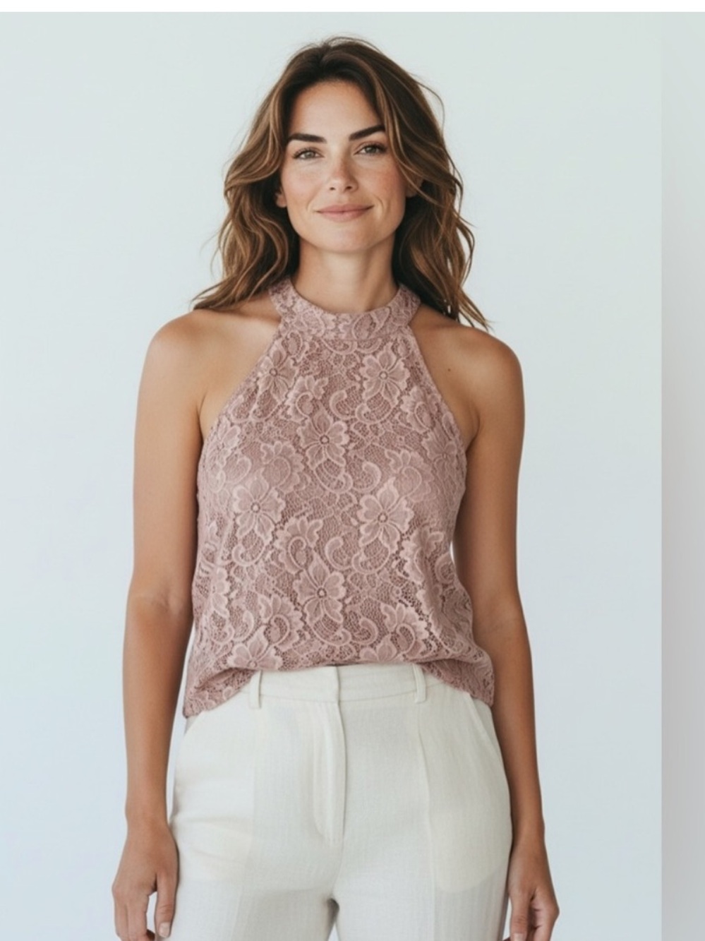 Cable & Gauge Lace Sleeveless Halter Style Tank Top